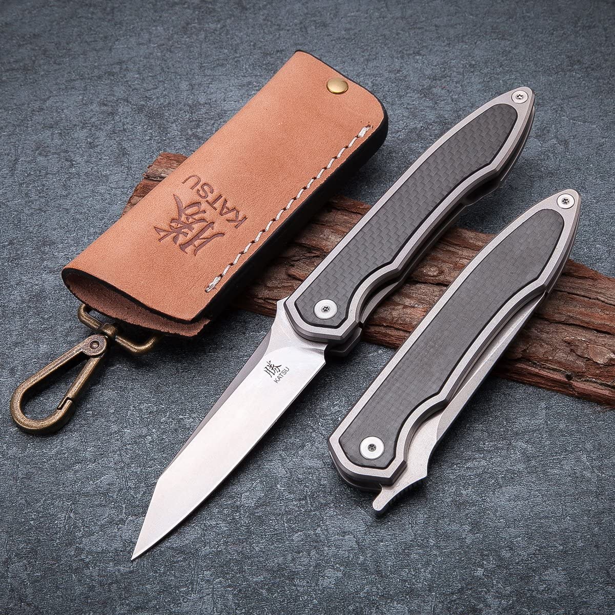 KATSU | Pocket Folding Camping Knife | Leather Sheath, Frame Lock 
