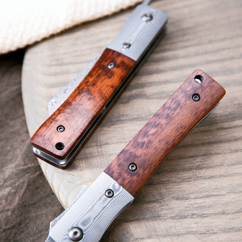 KATSU JSW01, Snake Wood Handle & Damascus Blade, Leather Sheath - KATSU KNIVES