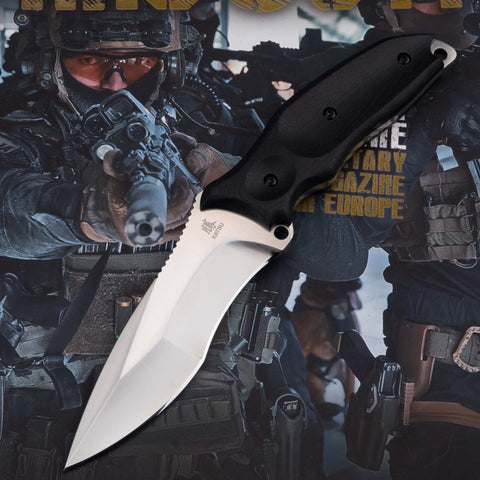 KATSU TAMASHII, The Compound Grind Tactical Fixed Blade Knife, D2 Steel Blade, Black G10 Handle, Kydex Sheath