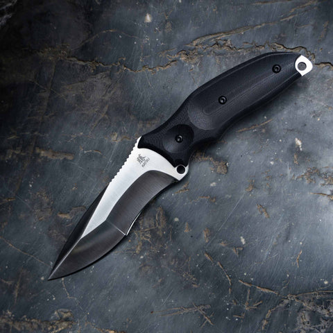 KATSU TAMASHII, The Compound Grind Tactical Fixed Blade Knife, D2 Steel Blade, Black G10 Handle, Kydex Sheath