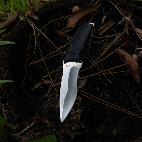KATSU TAMASHII, The Compound Grind Tactical Fixed Blade Knife, D2 Steel Blade, Black G10 Handle, Kydex Sheath