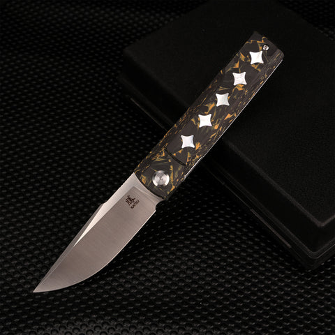 KATSU GENKAI_Tsuki, Satin Finished M390 Steel Blade, Carbon Fiber Handle with White MOP Shell Inlays, Fabian Hobbelen Design