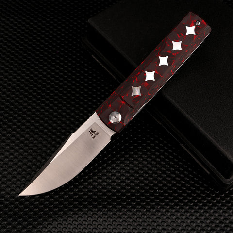 KATSU GENKAI_Hono, Satin Finished M390 Steel Blade, Carbon Fiber Handle with White MOP Shell Inlays, Fabian Hobbelen Design