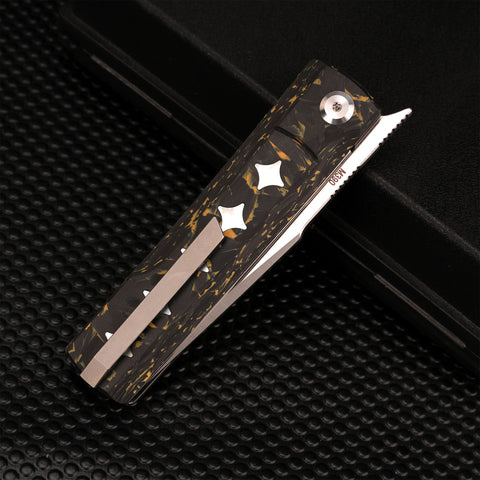 KATSU GENKAI_Tsuki, Satin Finished M390 Steel Blade, Carbon Fiber Handle with White MOP Shell Inlays, Fabian Hobbelen Design