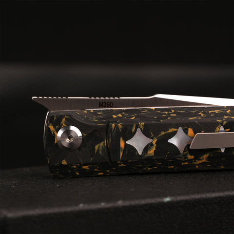 KATSU GENKAI_Tsuki, Satin Finished M390 Steel Blade, Carbon Fiber Handle with White MOP Shell Inlays, Fabian Hobbelen Design