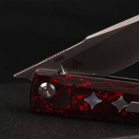 KATSU GENKAI_Hono, Satin Finished M390 Steel Blade, Carbon Fiber Handle with White MOP Shell Inlays, Fabian Hobbelen Design