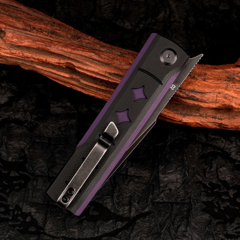 KATSU GENKAI_Yoru, Dual-tone Star-shaped Recesses G10 Handle, Black Titanium Coated & Stonewashed D2 Steel Blade, Fabian Hobbelen Design