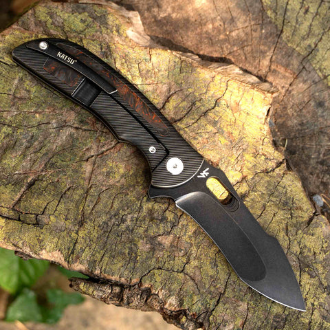 KATSU TK02, Convex Grind + Hollow Grind CPM S35VN Blade, Rear Flipper & Thumb Hole Knife, Titanium Handle with Carbon Fiber Inlay, Lance Smith Design