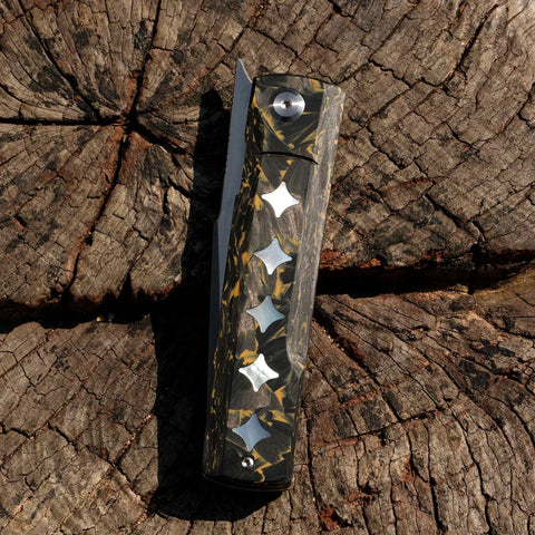 KATSU GENKAI_Tsuki, Satin Finished M390 Steel Blade, Carbon Fiber Handle with White MOP Shell Inlays, Fabian Hobbelen Design