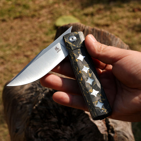 KATSU GENKAI_Tsuki, Satin Finished M390 Steel Blade, Carbon Fiber Handle with White MOP Shell Inlays, Fabian Hobbelen Design