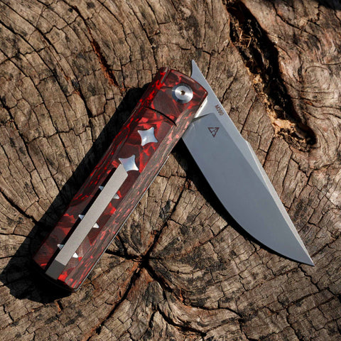 KATSU GENKAI_Hono, Satin Finished M390 Steel Blade, Carbon Fiber Handle with White MOP Shell Inlays, Fabian Hobbelen Design
