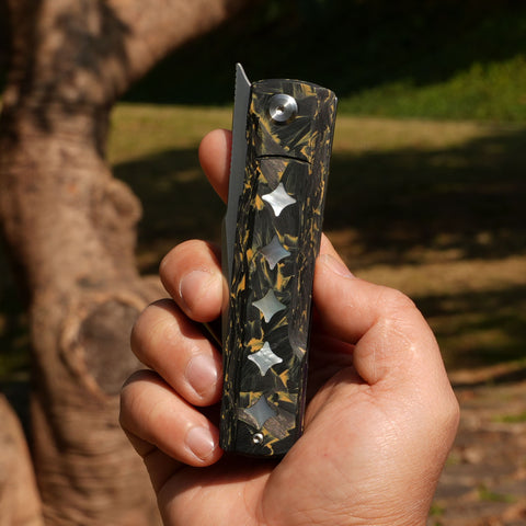 KATSU GENKAI_Tsuki, Satin Finished M390 Steel Blade, Carbon Fiber Handle with White MOP Shell Inlays, Fabian Hobbelen Design