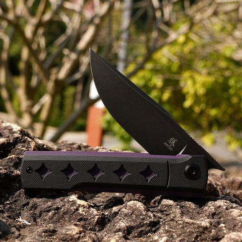 KATSU GENKAI_Yoru, Dual-tone Star-shaped Recesses G10 Handle, Black Titanium Coated & Stonewashed D2 Steel Blade, Fabian Hobbelen Design