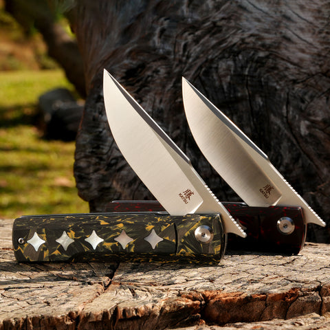 KATSU GENKAI_Tsuki, Satin Finished M390 Steel Blade, Carbon Fiber Handle with White MOP Shell Inlays, Fabian Hobbelen Design