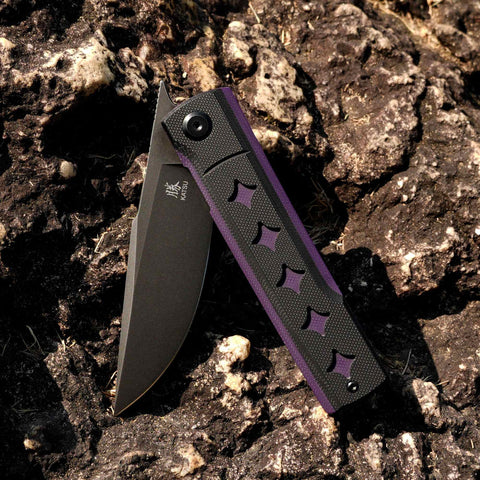 KATSU GENKAI_Yoru, Dual-tone Star-shaped Recesses G10 Handle, Black Titanium Coated & Stonewashed D2 Steel Blade, Fabian Hobbelen Design