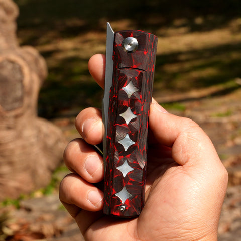KATSU GENKAI_Hono, Satin Finished M390 Steel Blade, Carbon Fiber Handle with White MOP Shell Inlays, Fabian Hobbelen Design