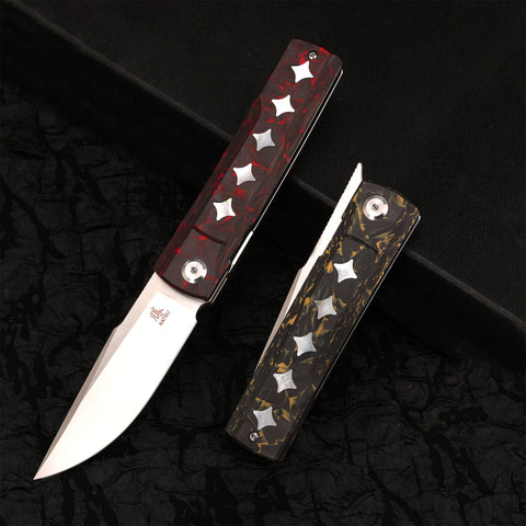 KATSU GENKAI_Hono, Satin Finished M390 Steel Blade, Carbon Fiber Handle with White MOP Shell Inlays, Fabian Hobbelen Design