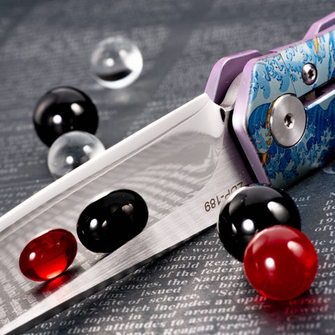 KATSU ZM04, ZDP-189 Super Steel Convex Grind Mirror polished Blade, Anodized Colored Titanium Alloy Handle, Limited Edition