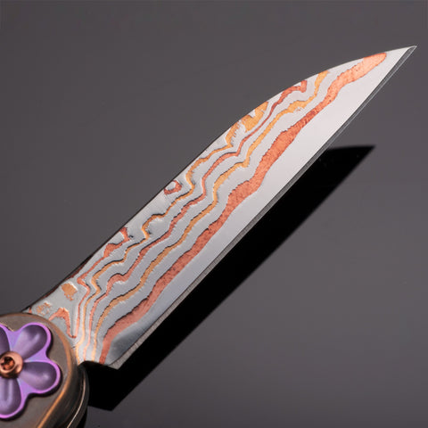 KATSU KINGFISHER-T01, Copper Damascus Blade, Titanium Alloy plated with Antique Copper Handle, White or Black MOP Shell Inlays, Lockback, 粋 中山 design