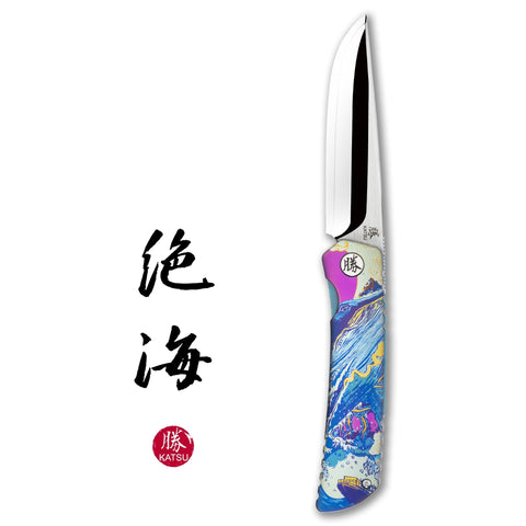 KATSU ZM01, ZDP-189 Super Steel Convex Grind Mirror polished Blade, Anodized Colored Titanium Alloy Handle, Limited Edition