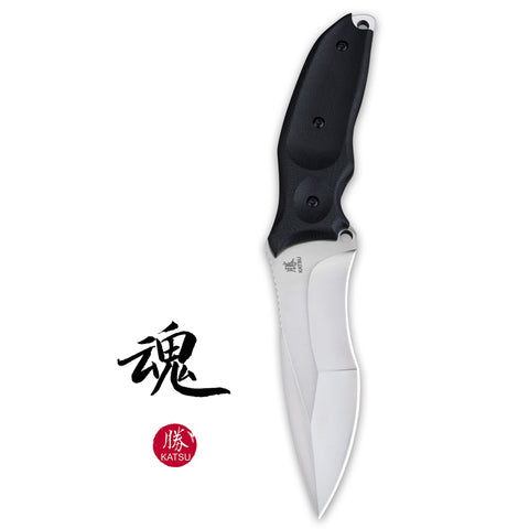 KATSU TAMASHII, The Compound Grind Tactical Fixed Blade Knife, D2 Steel Blade, Black G10 Handle, Kydex Sheath