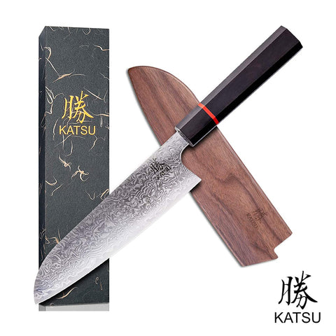 KATSU JK03, Santoku Knife, Handcrafted Octagonal Handle & Damascus Blade - KATSU KNIVES