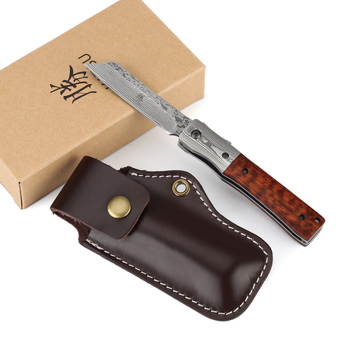 KATSU JSW01, Snake Wood Handle & Damascus Blade, Leather Sheath - KATSU KNIVES